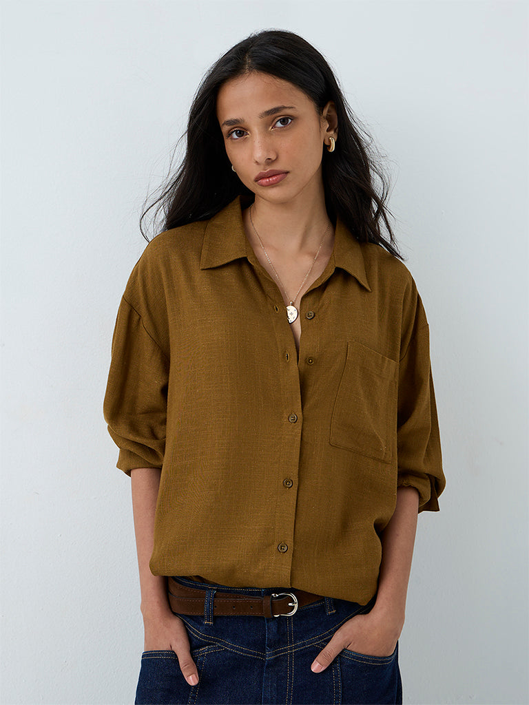 LOV Brown Solid Linen-Blend Shirt