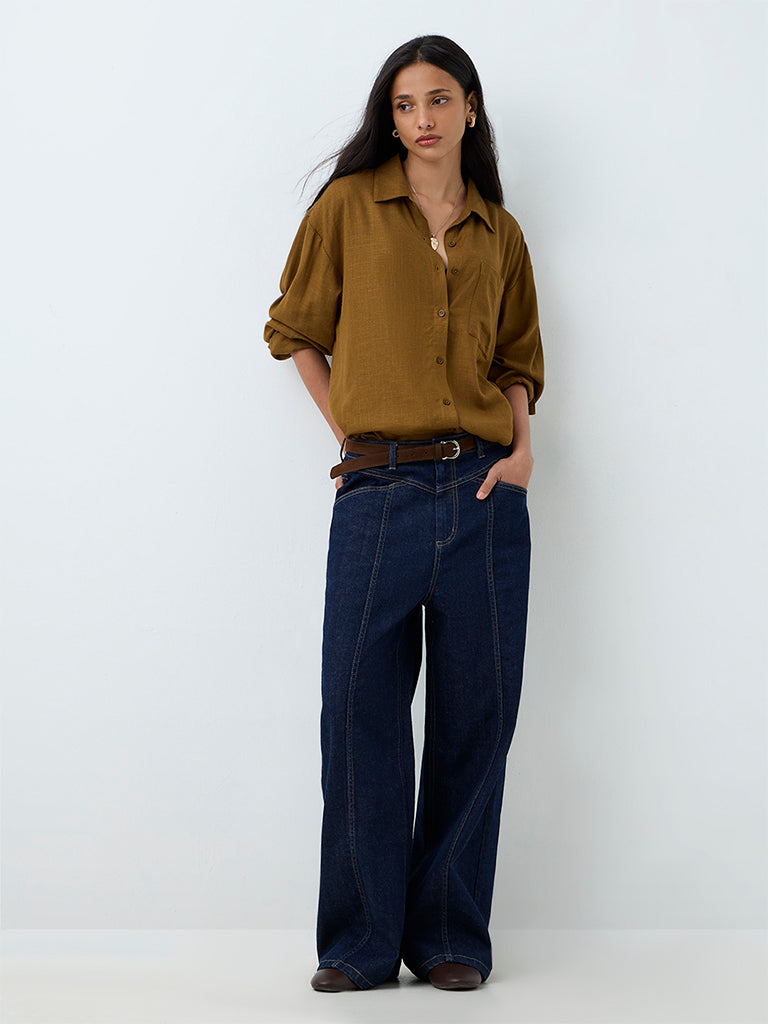 LOV Brown Solid Linen-Blend Shirt