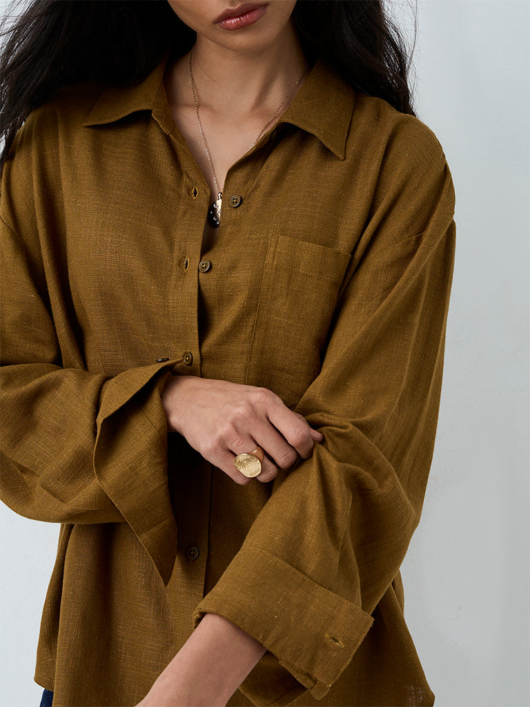 LOV Brown Solid Linen-Blend Shirt