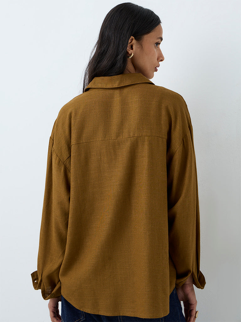 LOV Brown Solid Linen-Blend Shirt