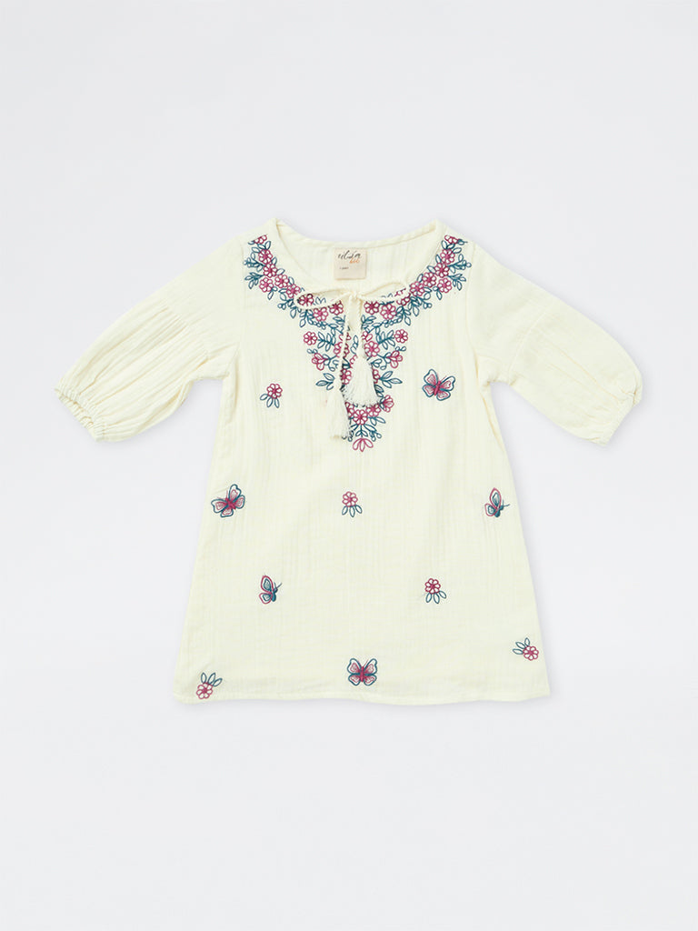 Utsa Kids Girls Ivory Floral Embroidered Cotton Tunic - (2-8 yrs)