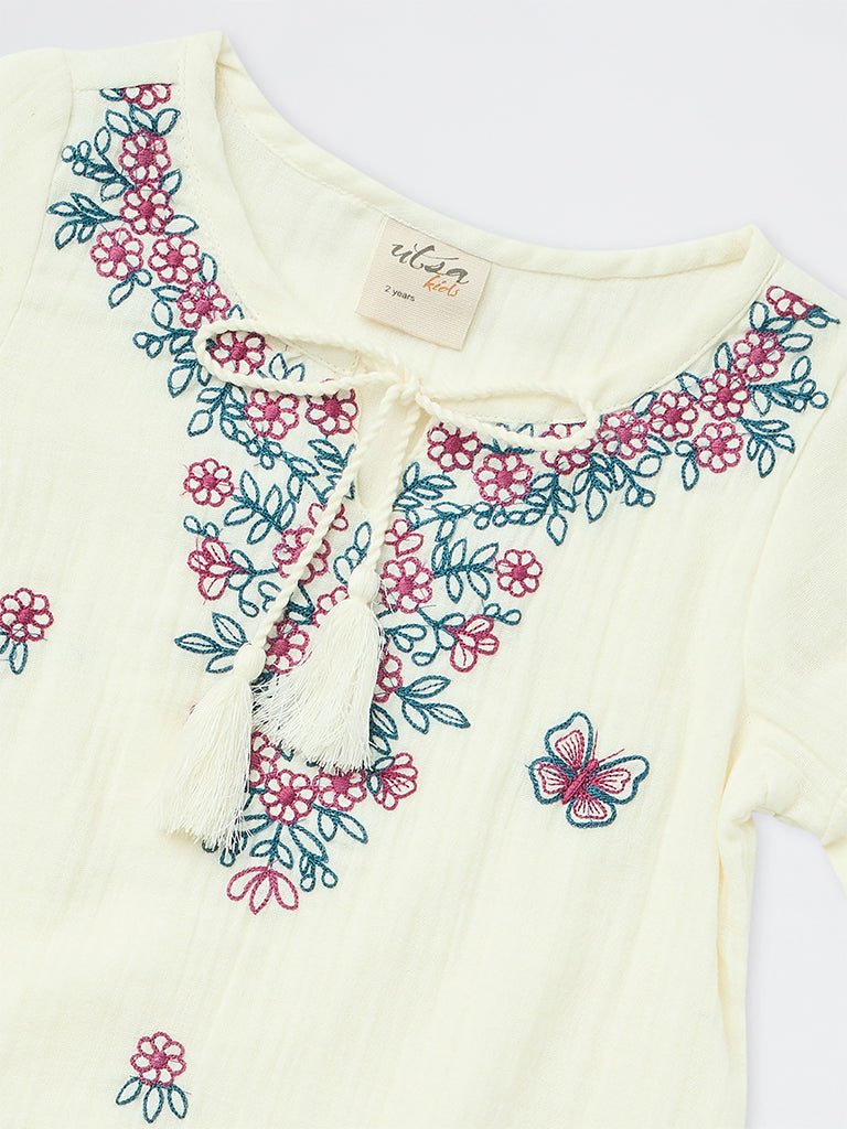 Utsa Kids Girls Ivory Floral Embroidered Cotton Tunic - (2-8 yrs)