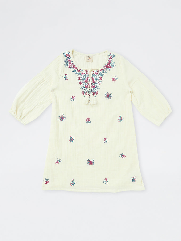 Utsa Kids Girls Ivory Floral Embroidered Cotton Tunic - (8-14 yrs)
