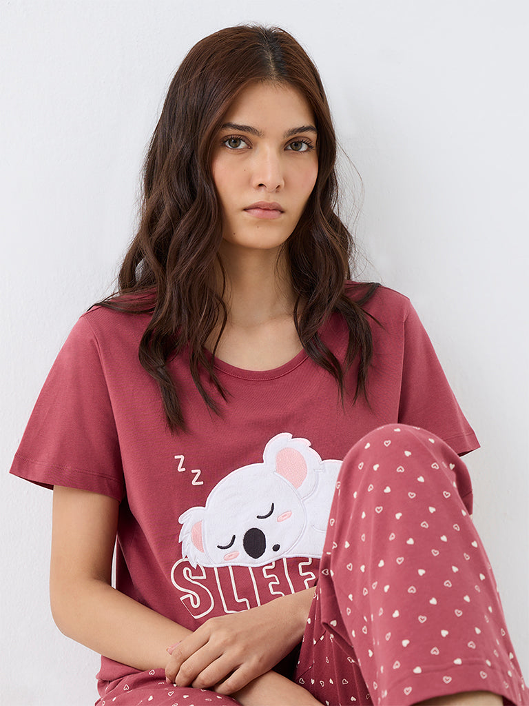 Wunderlove Red Animal Design T-Shirt and Pyjama Sets