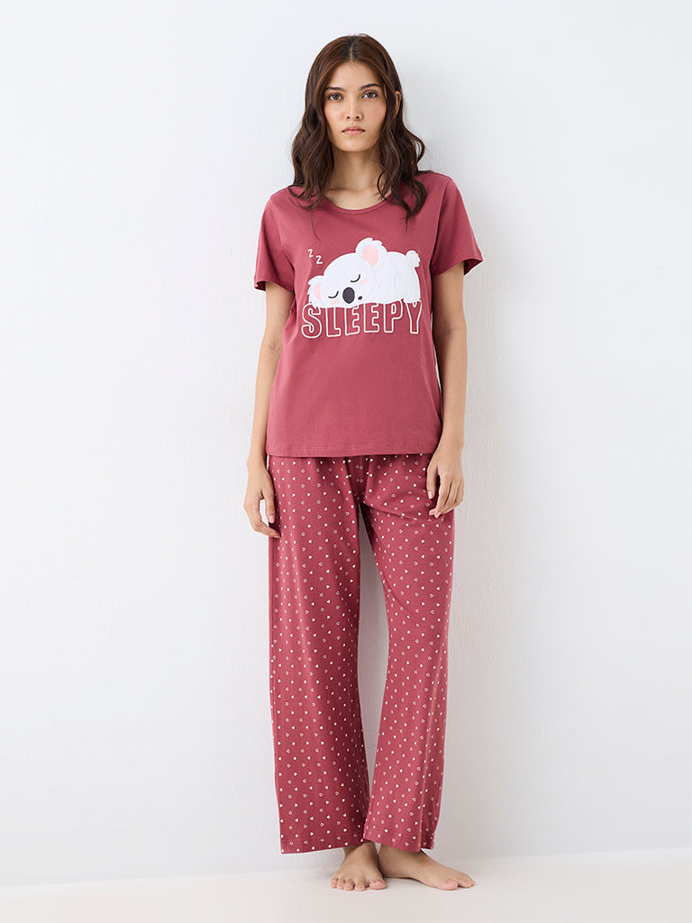 Wunderlove Red Animal Design T-Shirt and Pyjama Sets