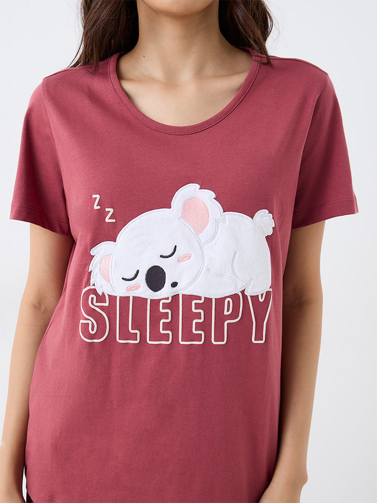 Wunderlove Red Animal Design T-Shirt and Pyjama Sets