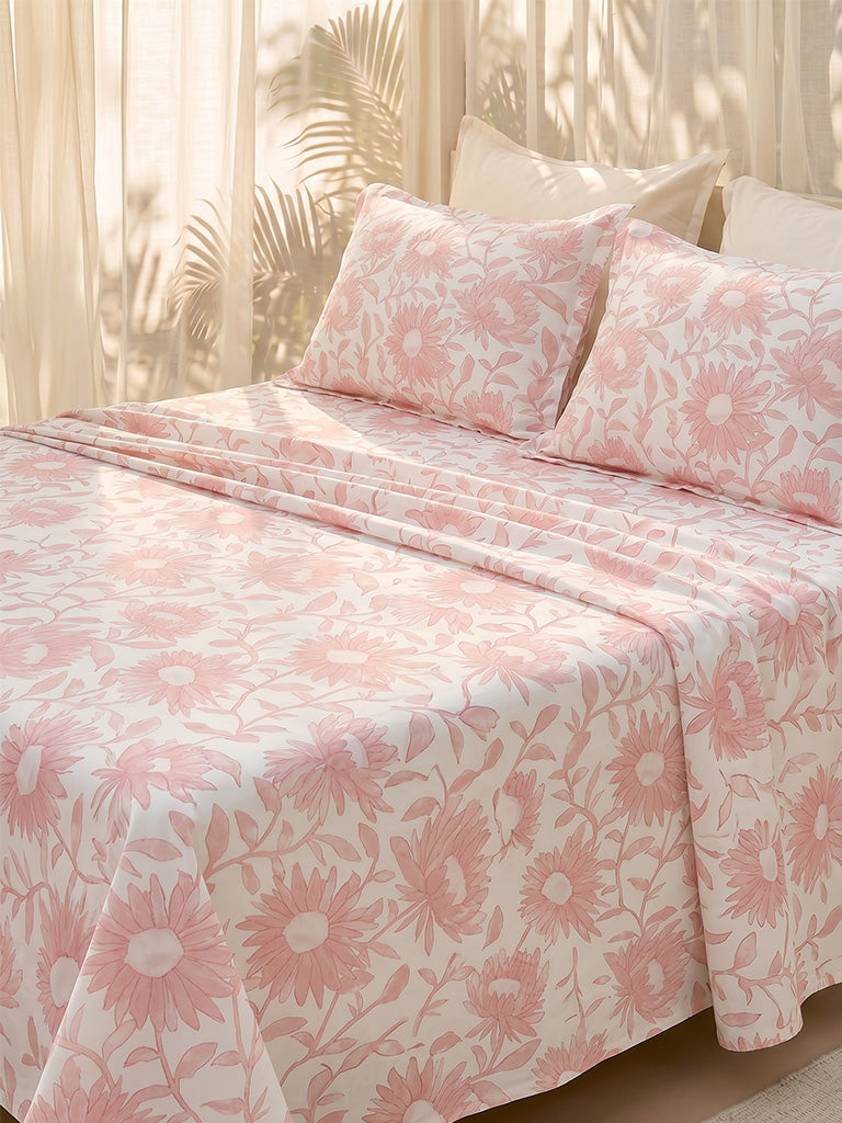 Westside Home Pink Sunflower Printed Queen Bed Sheet Set