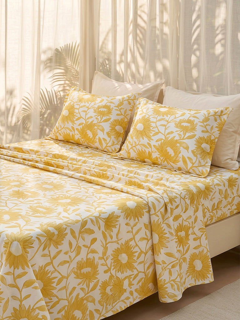 Westside Home Yellow Sunflower Pattern King Bed Sheet Set