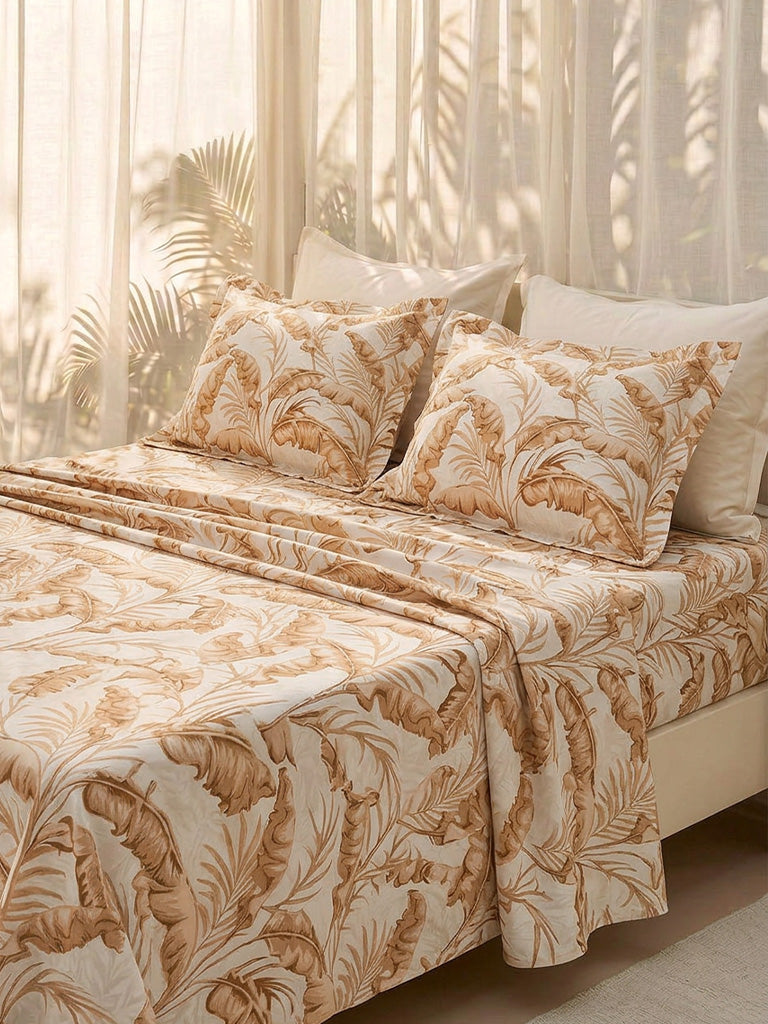 Westside Home Brown Leaf Printed Queen Bed Sheet Set