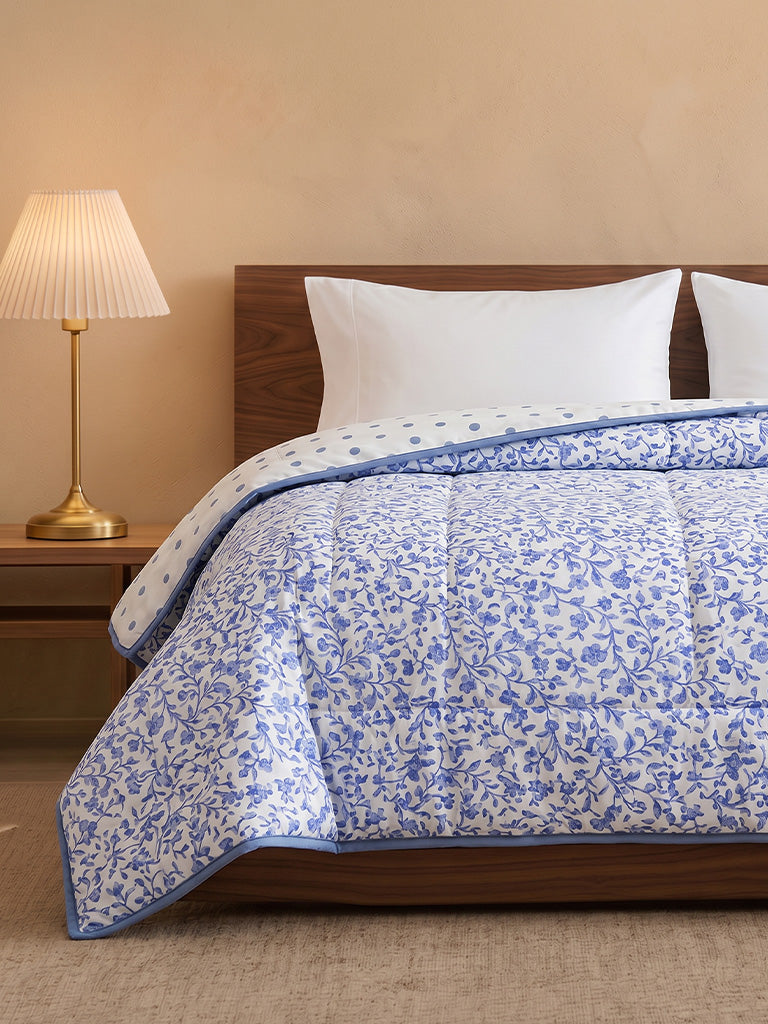 Westside Home Dusty Blue Floral Reversible Quilted Queen Bed Comforter