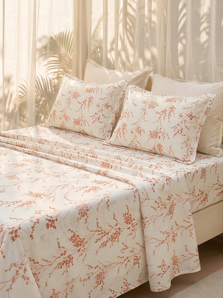 Westside Home Orange Botanical Design Queen Bed Sheet Set