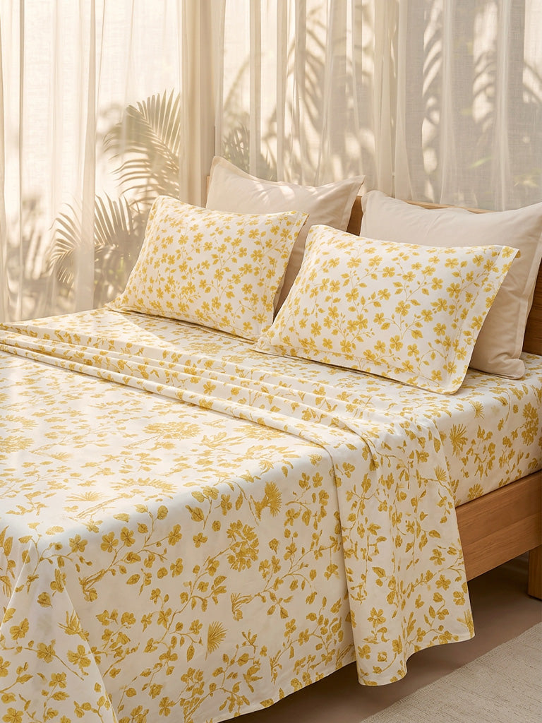 Westside Home Yellow Floral Printed King Bed Sheet Set