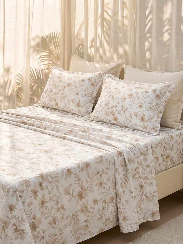 Westside Home Taupe Floral Printed King Bed Sheet Set