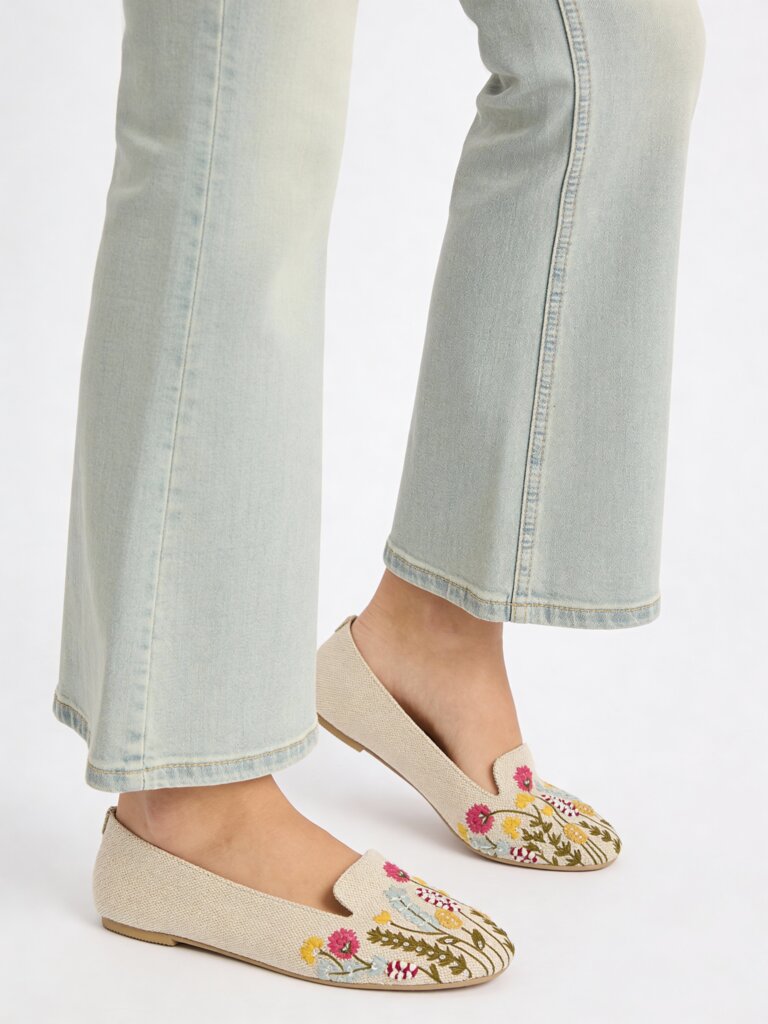 LUNA BLU Beige Floral Embroidered Loafers