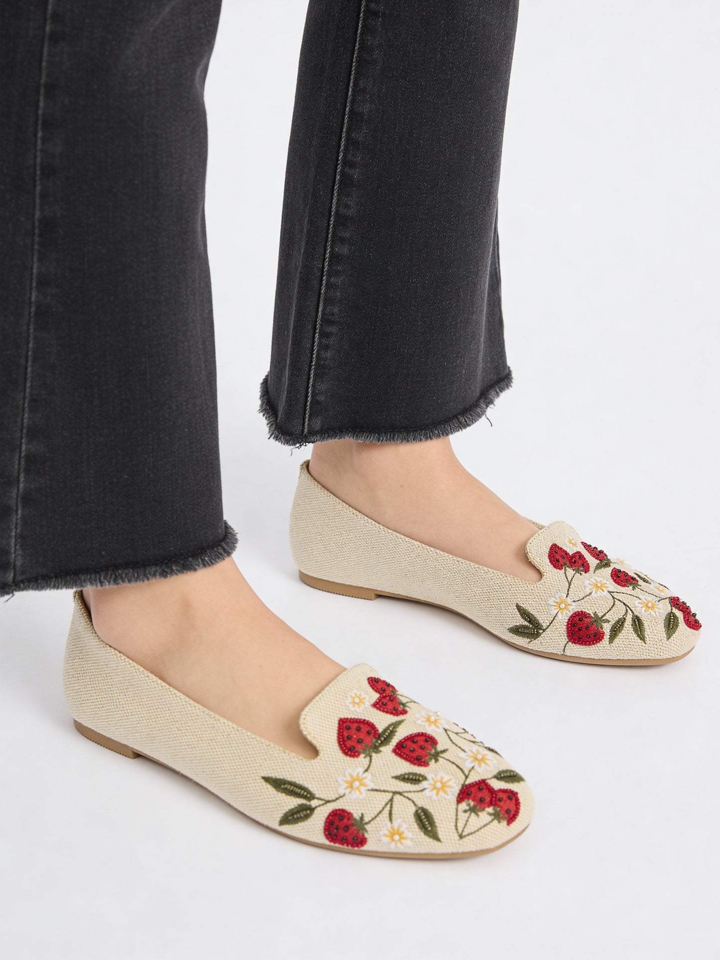 LUNA BLU Beige Strawberry Embroidered Loafers