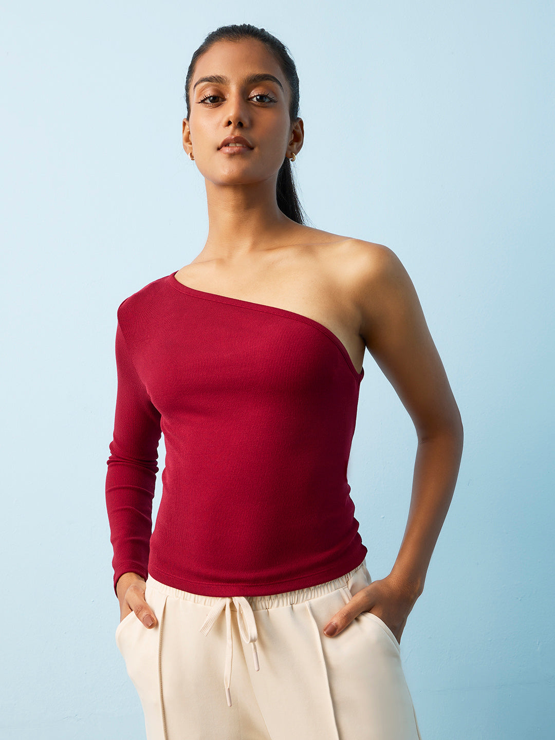Nuoflexx Maroon Ribbed-Textured One-Shoulder Top