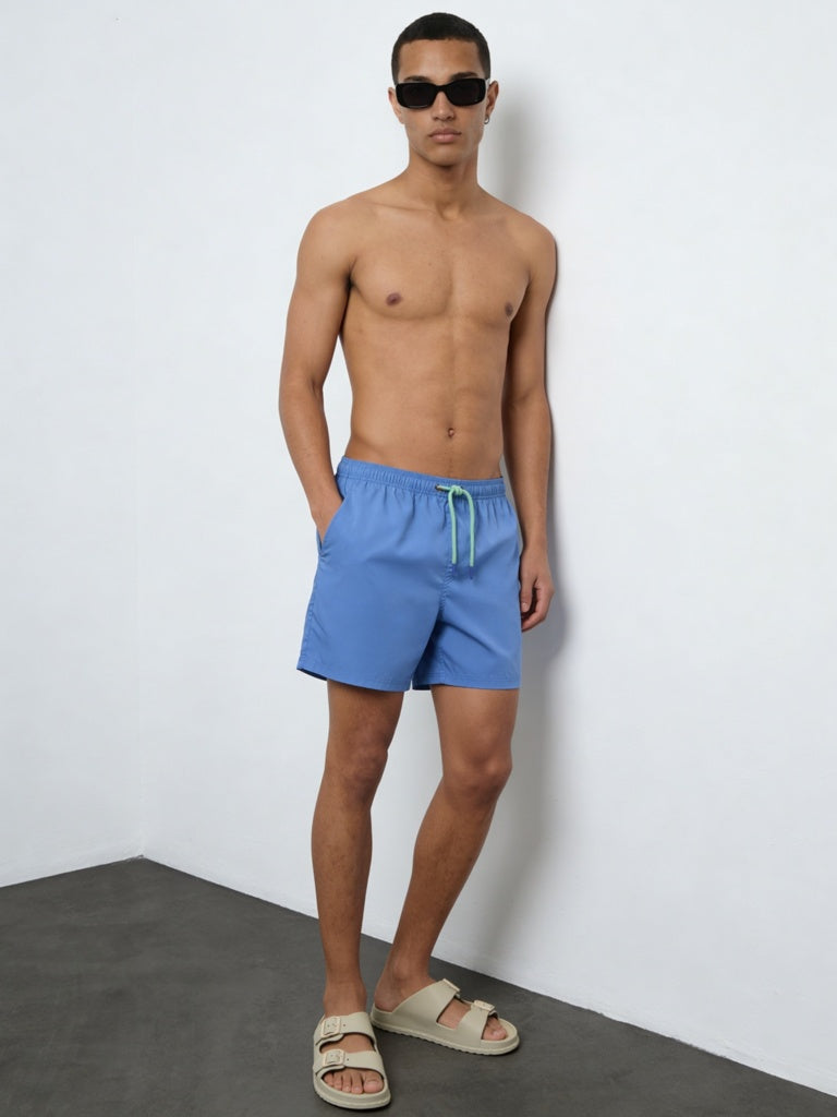 WES Casuals Blue Relaxed-Fit Mid-Rise Swimwear Shorts
