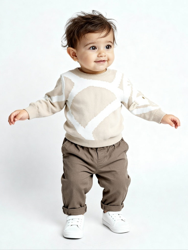 HOP Baby Boys Beige Animal Design Cotton Sweater