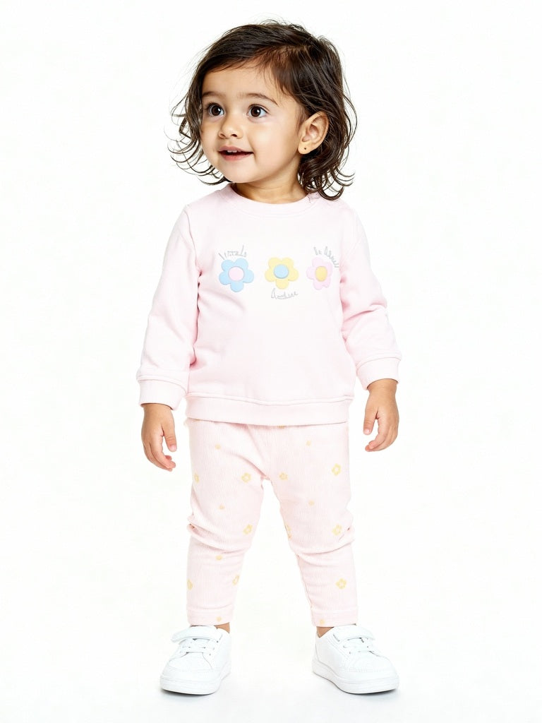 HOP Baby Girls Pink Floral Cotton Sweatshirt and Pants Set