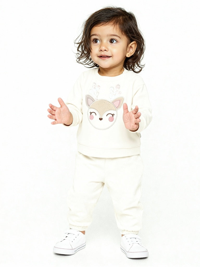 HOP Baby Girls White Embroidered Sweatshirt and Joggers Set