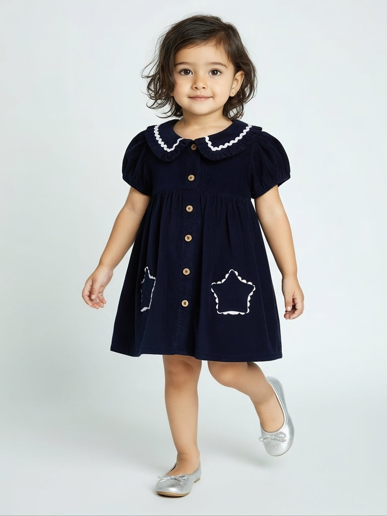 HOP Baby Girls Navy Fit-and-Flare Corduroy Dress