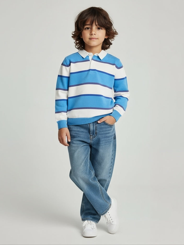HOP Kids Boys Blue Striped Cotton Polo Sweater