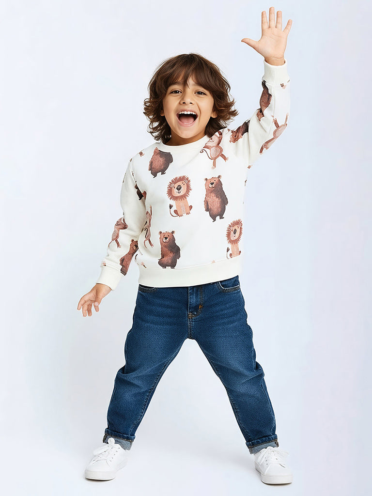 HOP Kids Boys Off-White Animal Printed Cotton-Blend Sweatshirt