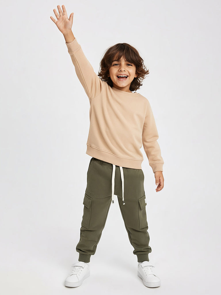 HOP Kids Boys Olive Mid-Rise Cotton-Blend Joggers