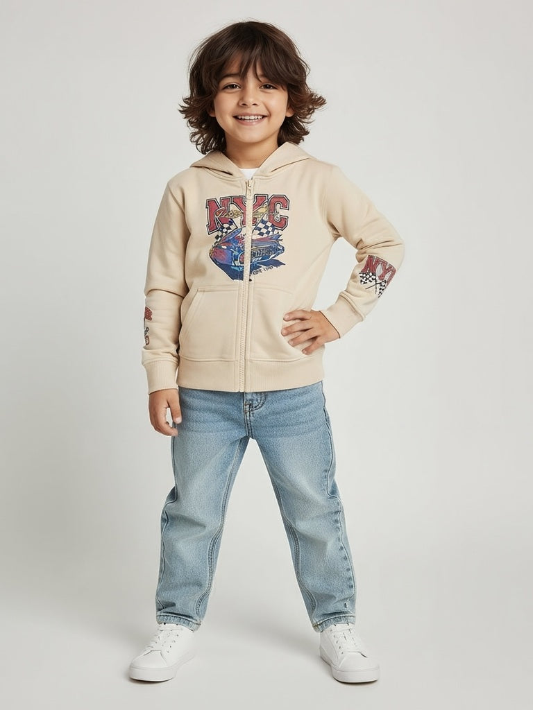 HOP Kids Boys Beige Printed Cotton-Blend Hooded Jacket