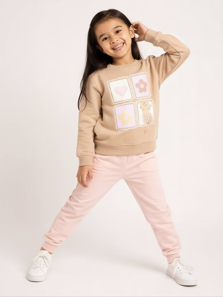 HOP Kids Girls Beige Embroidered Cotton-Blend Sweatshirt