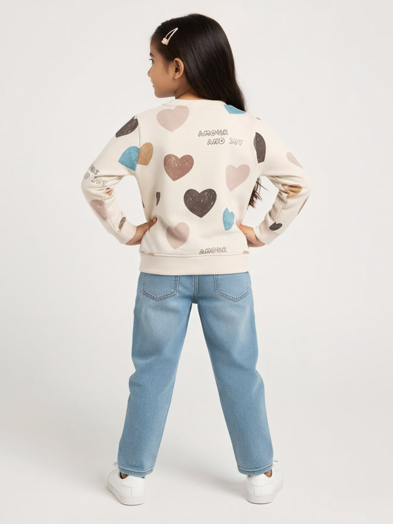 HOP Kids Girls Beige Heart Printed Cotton-Blend Sweatshirt