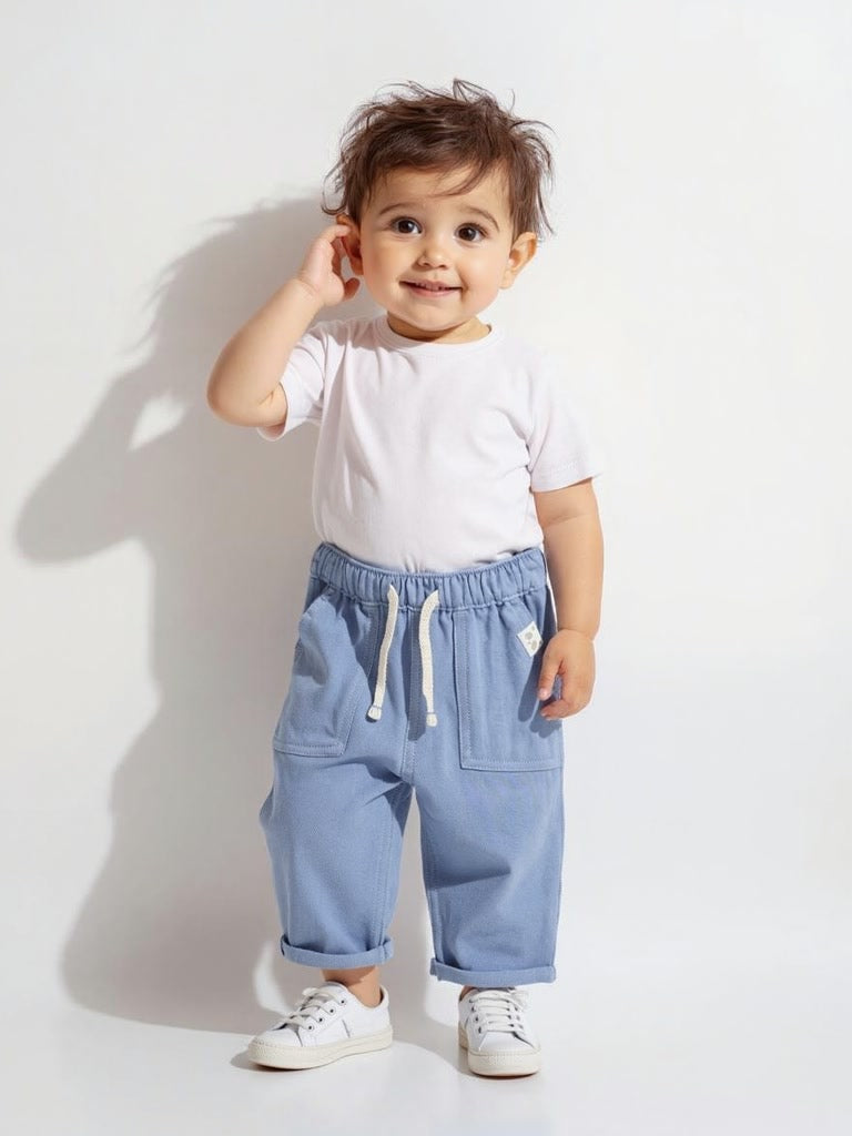 Westside HOP Baby Boy's Dusty Blue Mid-Rise Cotton-Blend Trousers for Casual Wear Front View