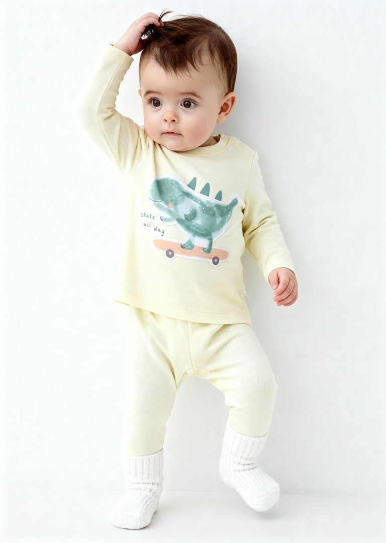HOP Baby Boys Yellow Animal Design Cotton T-Shirt with Pants Set