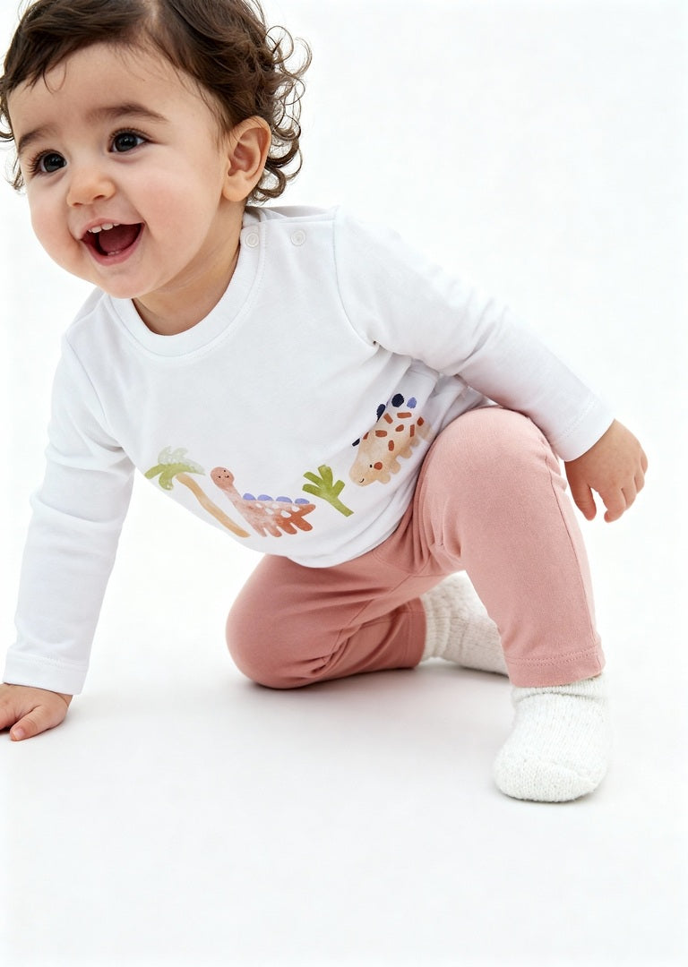 HOP Baby Boys White Dinosaur Design Cotton T-Shirt with Pants Set