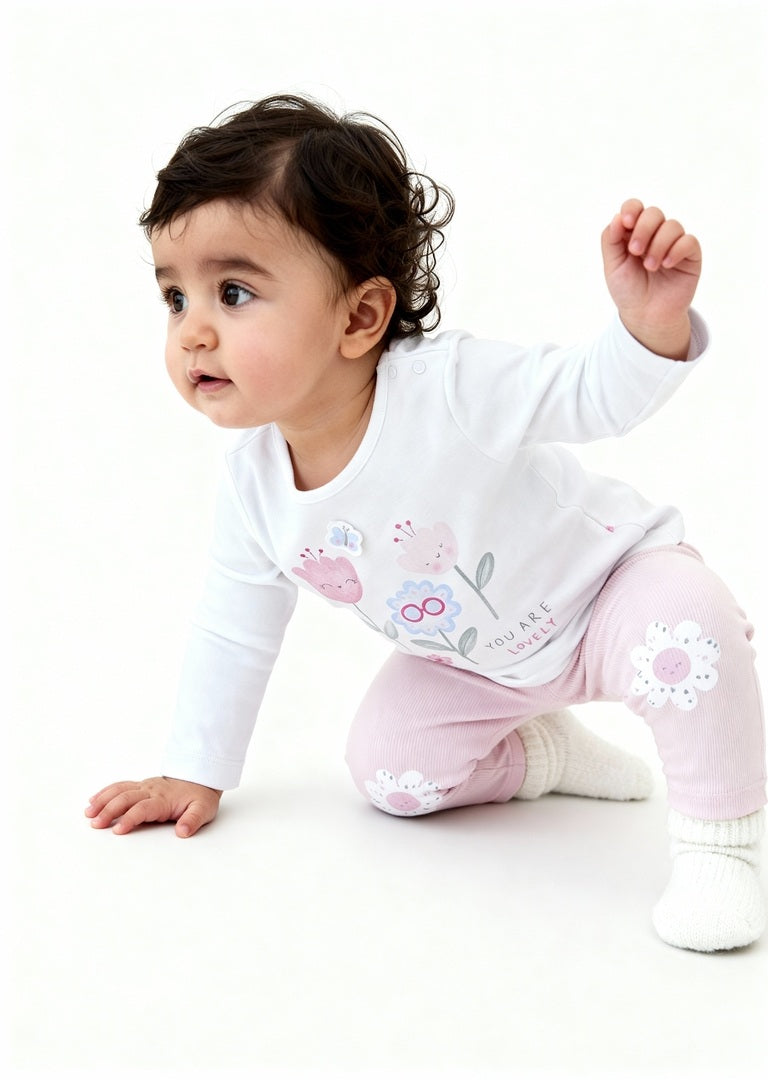 HOP Baby Girls Pink Floral Design Cotton T-Shirt with Pants Set