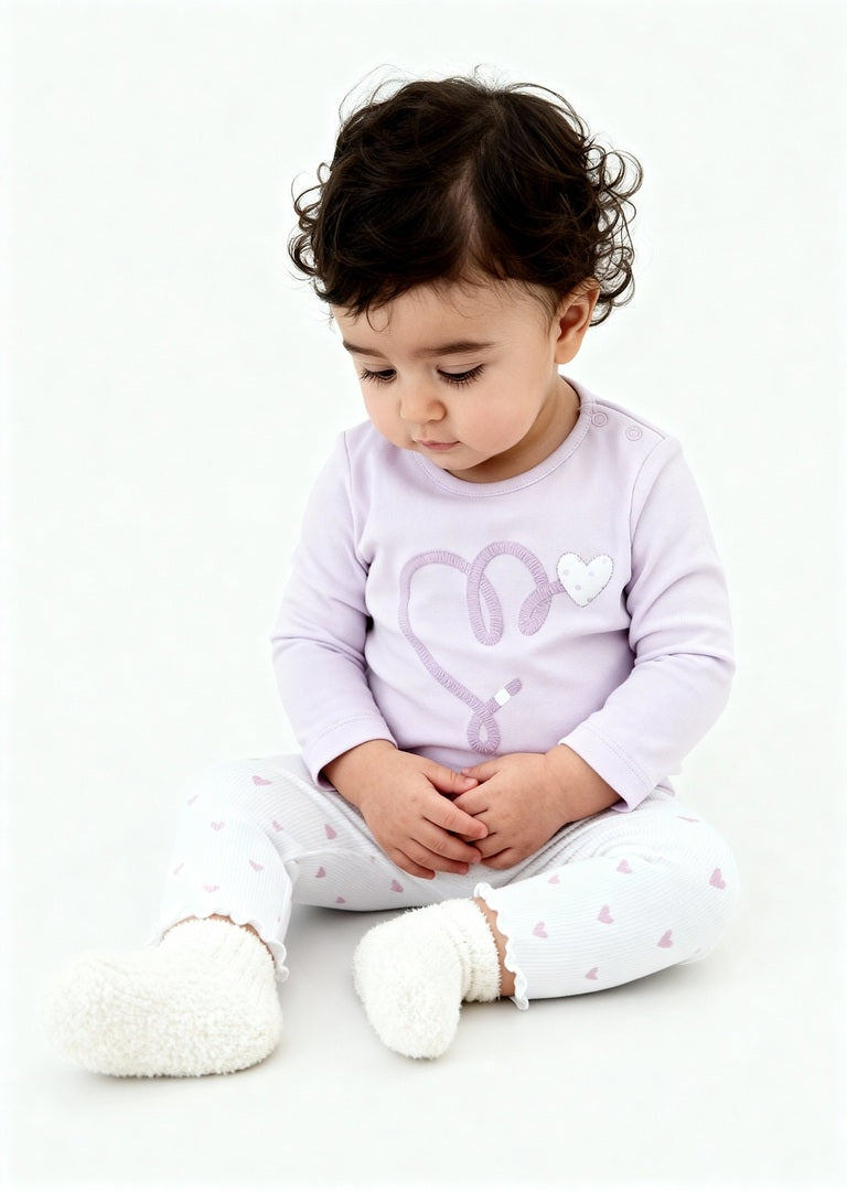 HOP Baby Girls Lilac Heart Printed Cotton T-Shirt with Pants Set