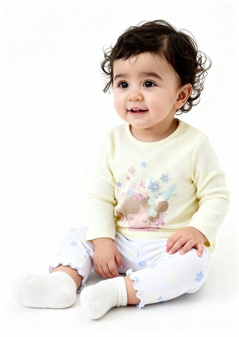HOP Baby Girls Yellow Printed Cotton T-Shirt with Pants Set