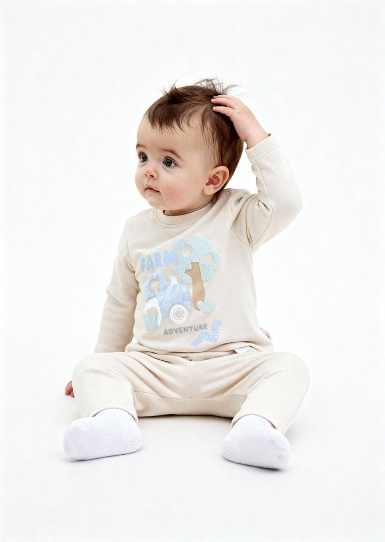 HOP Baby Boys Beige Embossed Cotton T-Shirt with Pants Set
