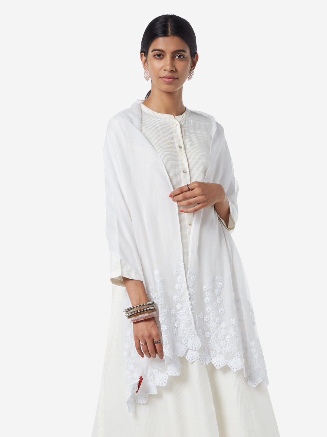 Zuba White Embroidered Cotton-Silk Stole for women full view - Westside