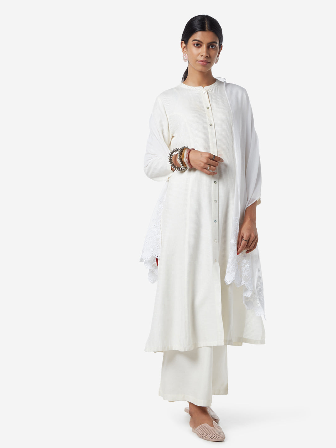 Zuba White Embroidered Cotton-Silk Stole for women full view - Westside