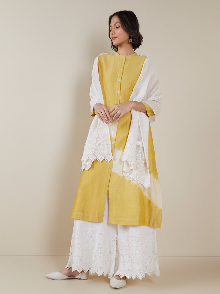 Zuba Off-White Silk Blend Embroidered Cotton-Blend Stole