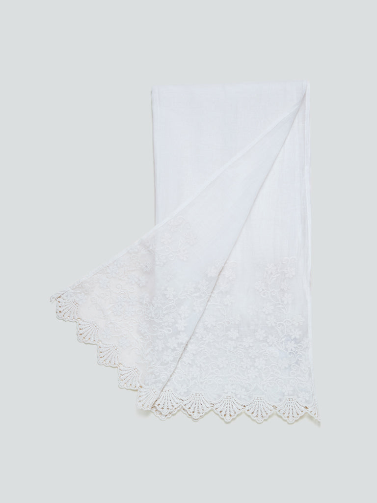 Zuba Off-White Silk Blend Embroidered Cotton-Blend Stole