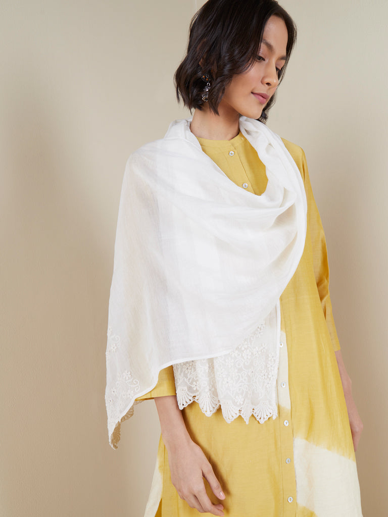 Zuba Off-White Silk Blend Embroidered Cotton-Blend Stole