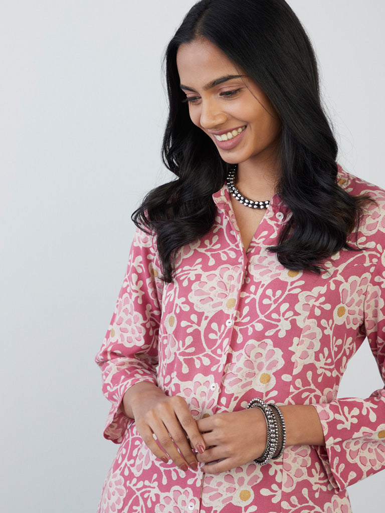 Utsa Pink Floral-Printed A-Line Kurta