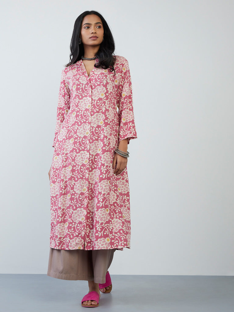 Utsa Pink Floral-Printed A-Line Kurta