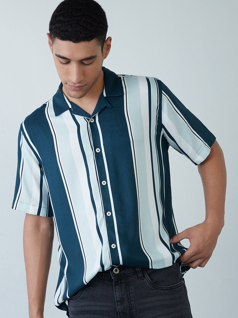 Nuon Teal Striped Relaxed-Fit Shirt | Teal Striped Relaxed-Fit Shirt for Men Front View - Westside