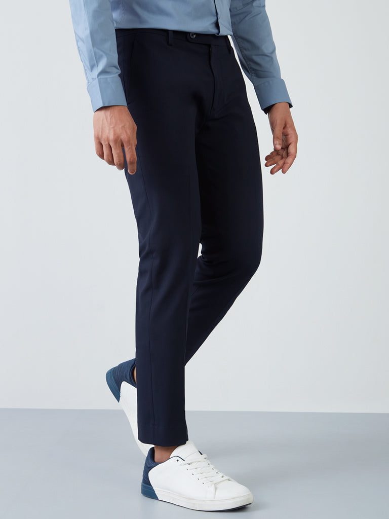 Westside WES Formals Men's Navy Slim-Fit Mid-Rise Trousers for Work Wear Front View