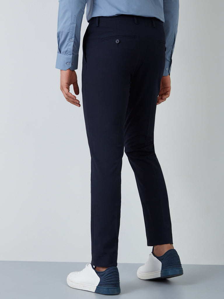 Westside WES Formals Men's Navy Slim-Fit Mid-Rise Trousers for Work Wear Back View