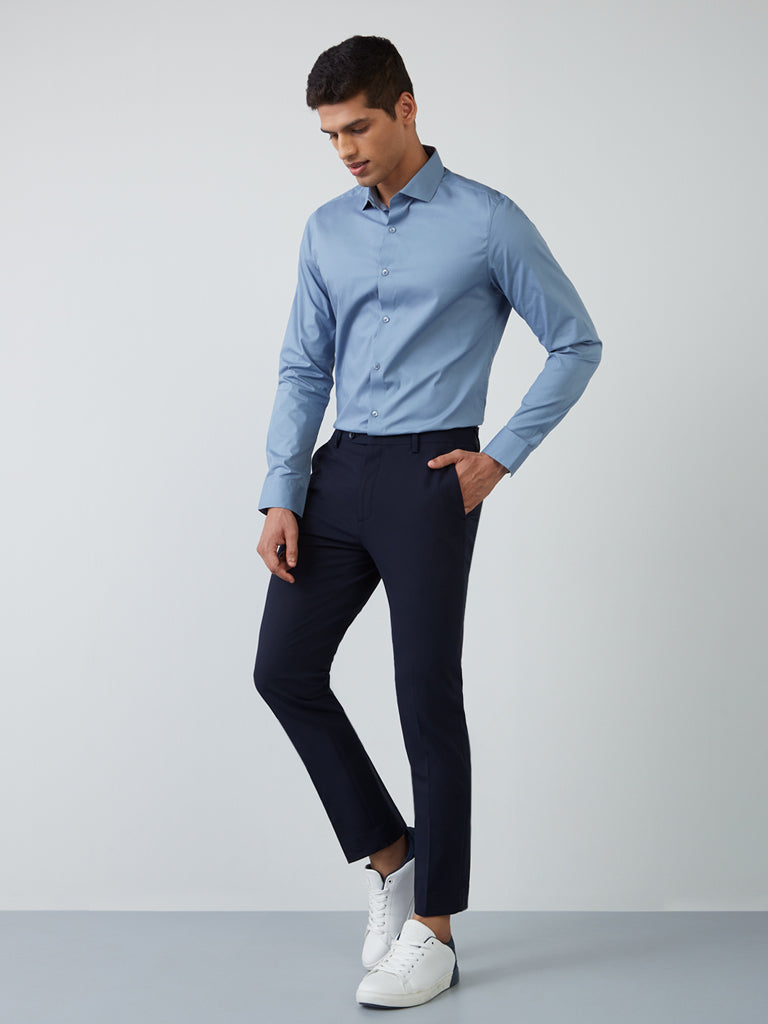 Westside WES Formals Men's Navy Slim-Fit Mid-Rise Trousers for Work Wear Full View