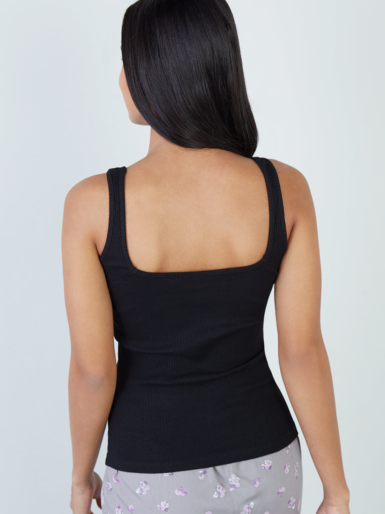 Wunderlove Black Ribbed Cotton-Blend Square-Neck Vest